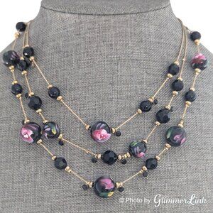 Black & Pink Floral Painted Bead Triple Strand Layered Gold Tone Necklace